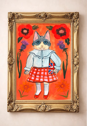 English Schoolgirl Cat by Caya Crum in a gold frame