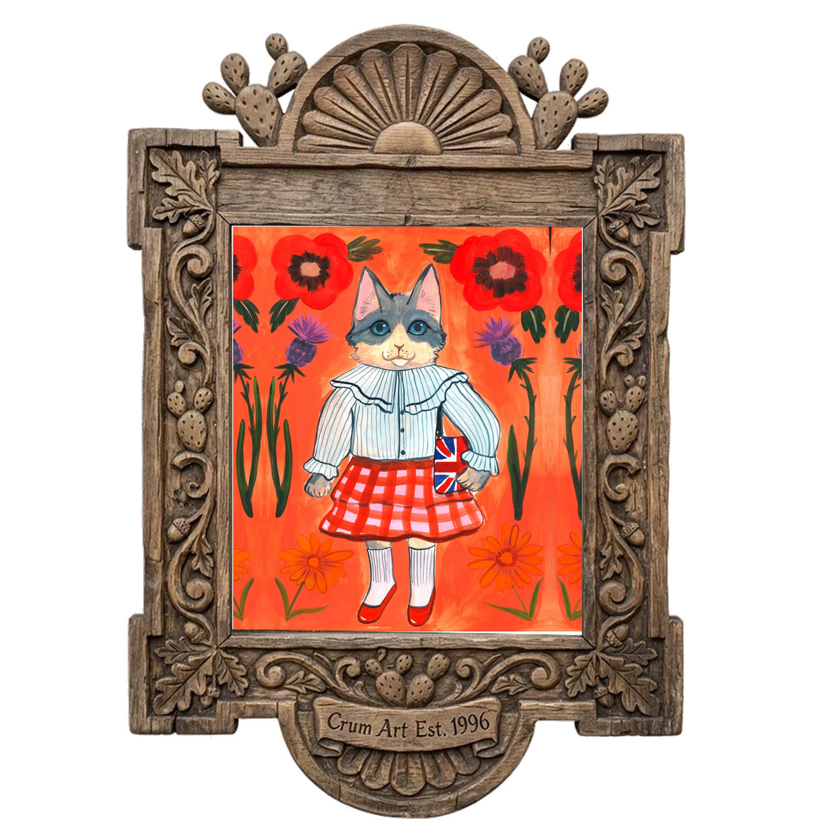 English Schoolgirl Cat by Caya Crum in a carved wood frame