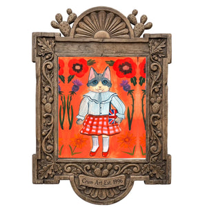 English Schoolgirl Cat by Caya Crum in a carved wood frame