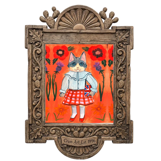 English Schoolgirl Cat by Caya Crum in a carved wood frame