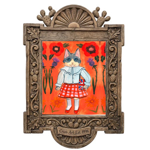 English Schoolgirl Cat by Caya Crum in a carved wood frame