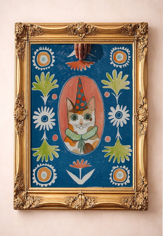 Party Cat Poppett — art print by Caya Crum in a gold frame