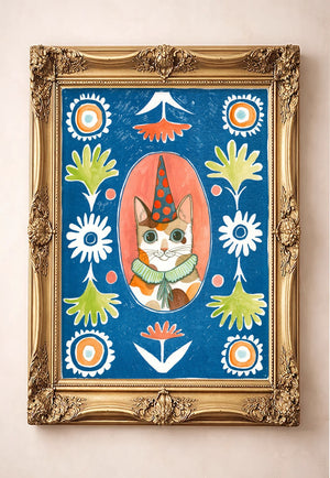 Party Cat Poppett by Caya Crum in a gold frame