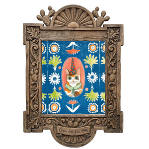 Party Cat Poppett by Caya Crum in a carved wood frame