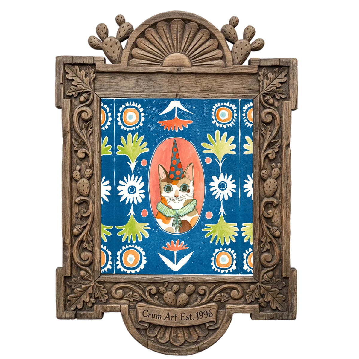 Party Cat Poppett by Caya Crum in a carved wood frame