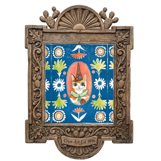 Party Cat Poppett by Caya Crum in a carved wood frame