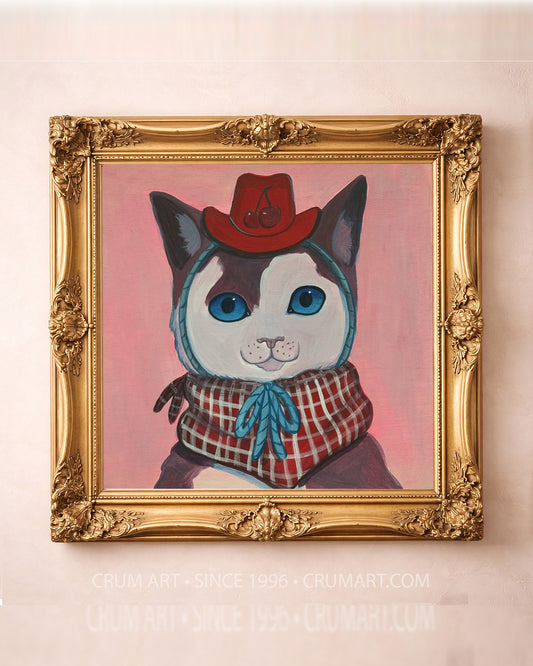 Cherry Cat cowgirl art print by Caya Crum in a square gold frame, cute kitten with cherries