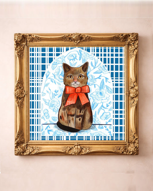 Suki Chinoiserie cat art print in a square gold frame by Caya Crum