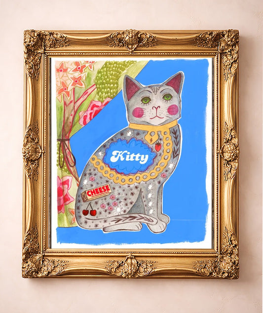 Tattooed Kitty with Cheese Tattoo — art print by Caya Crum in a gold frame