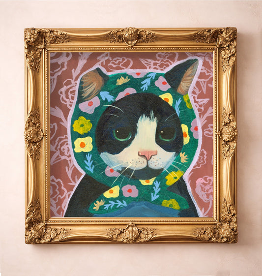 Tuxedo Cat in a Floral Scarf — art print by Caya Crum in a gold frame