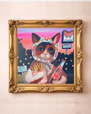 Cataburger art print in a gold frame by Caya Crum — square cat art from Crum Art, available at crumart.com. This museum quality print is made right here in Texas.