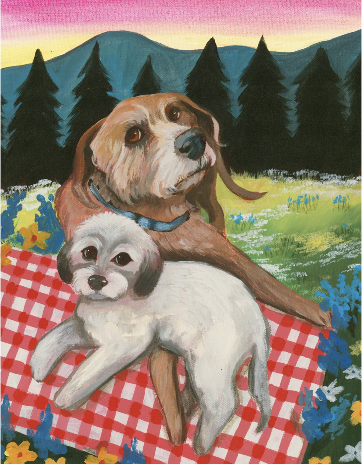 Custom pet portrait by Caya Crum: two dogs on a red gingham picnic blanket under pine trees and a pink sky