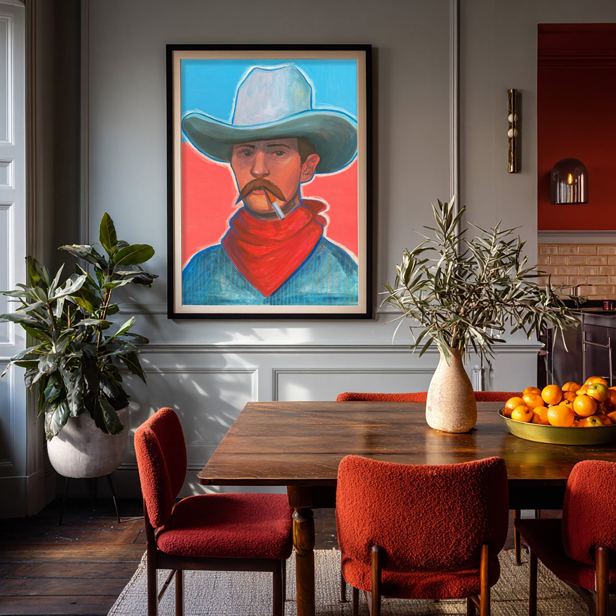 Red Headed Stranger smoking cowboy art print by Caya Crum, framed in a dining room