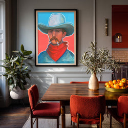 Red Headed Stranger smoking cowboy art print by Caya Crum, framed in a dining room