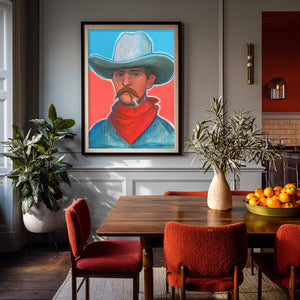 Red Headed Stranger smoking cowboy art print by Caya Crum, framed in a dining room