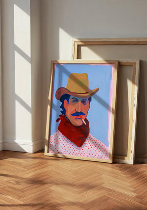 Red Headed Stranger cowboy art print by Caya Crum in a neutral frame room mockup