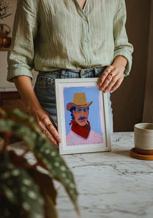 Red Headed Stranger cowboy art print by Caya Crum in a neutral frame room mockup