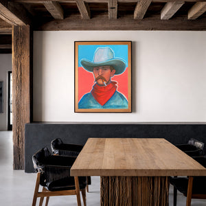 Red Headed Stranger cowboy art print by Caya Crum, framed in a rustic room with wood beams