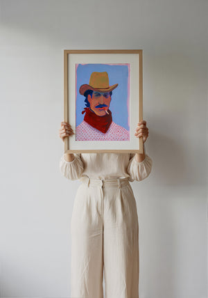 Red Headed Stranger cowboy art print by Caya Crum, framed with a velvet mat