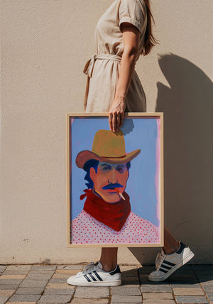 Red Headed Stranger cowboy art print by Caya Crum, framed with a velvet mat
