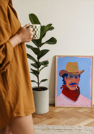 Red Headed Stranger cowboy art print by Caya Crum, framed with a velvet mat