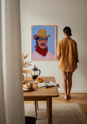 Red Headed Stranger cowboy art print by Caya Crum, framed with a velvet mat