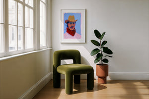 Red Headed Stranger cowboy art print by Caya Crum, framed with a velvet mat