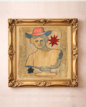 Cosmic Cowboy Greco Roman bust print by Caya Crum in a square gold frame
