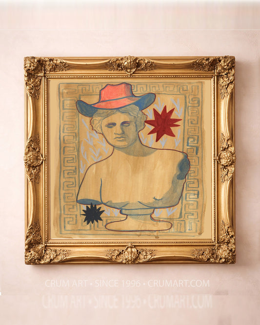 Cosmic Cowboy Greco Roman bust print by Caya Crum in a square gold frame