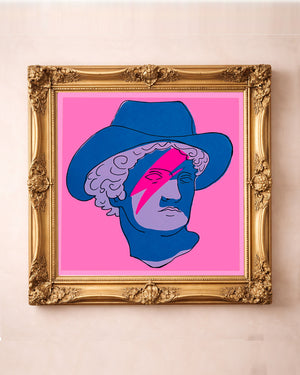 A pop art interpretation of a greco roman statue.  This print is predominately pink and blue with a lightening bolt across his face. It's relevant, it's forward and fresh.