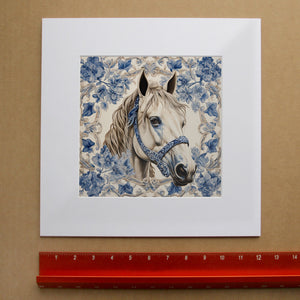 Chinoiserie Blue & White Horse Art Print | Crum Art in matted square frame mockup