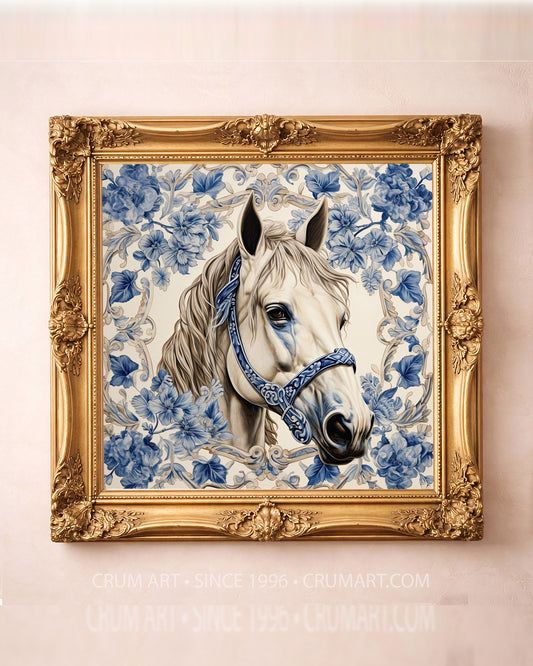 Chinoiserie blue and white horse art print in a square gold frame — Crum Art