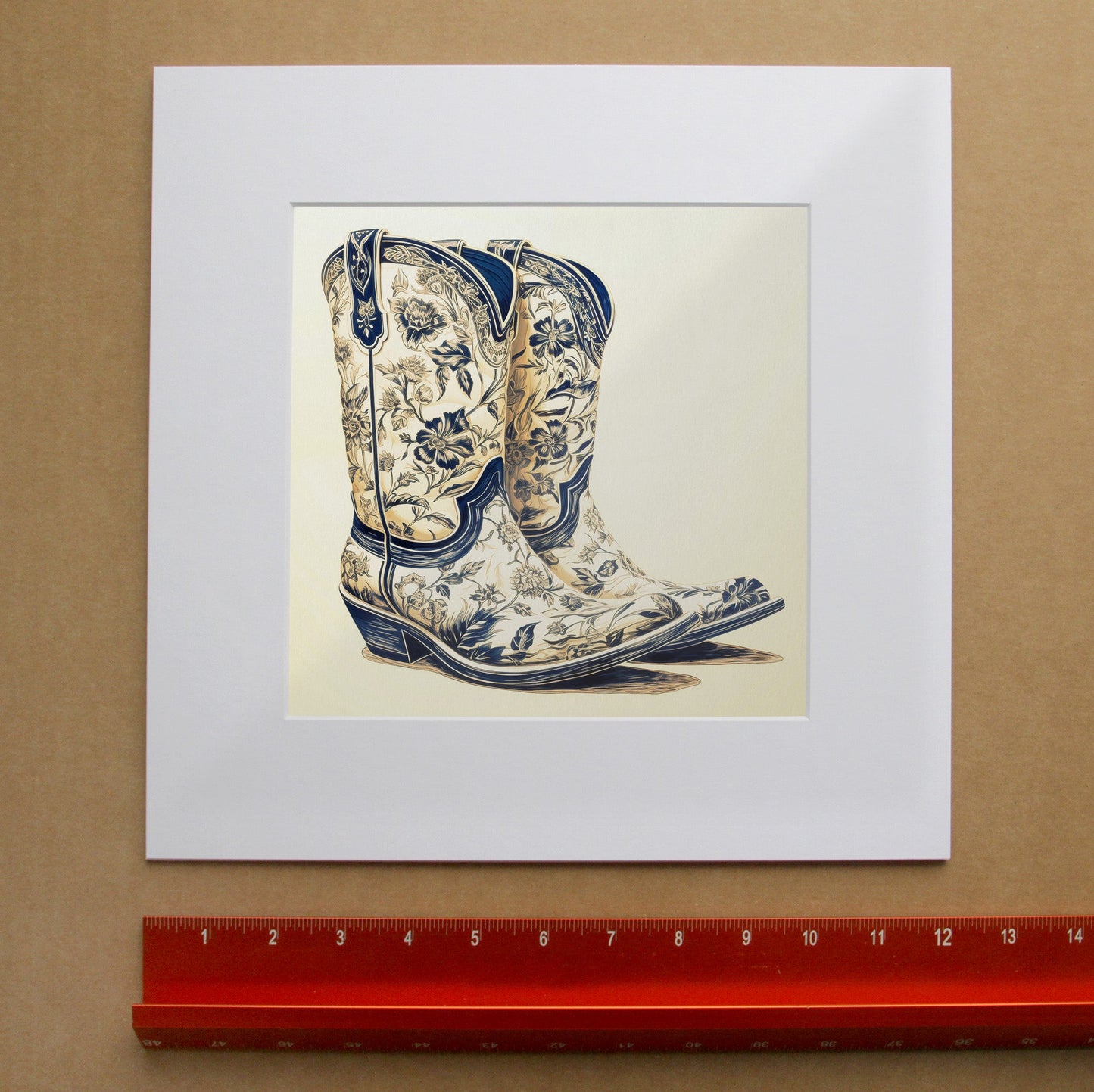 Chinoiserie Floral Cowboy Boots Art Print | Crum Art in matted square frame mockup