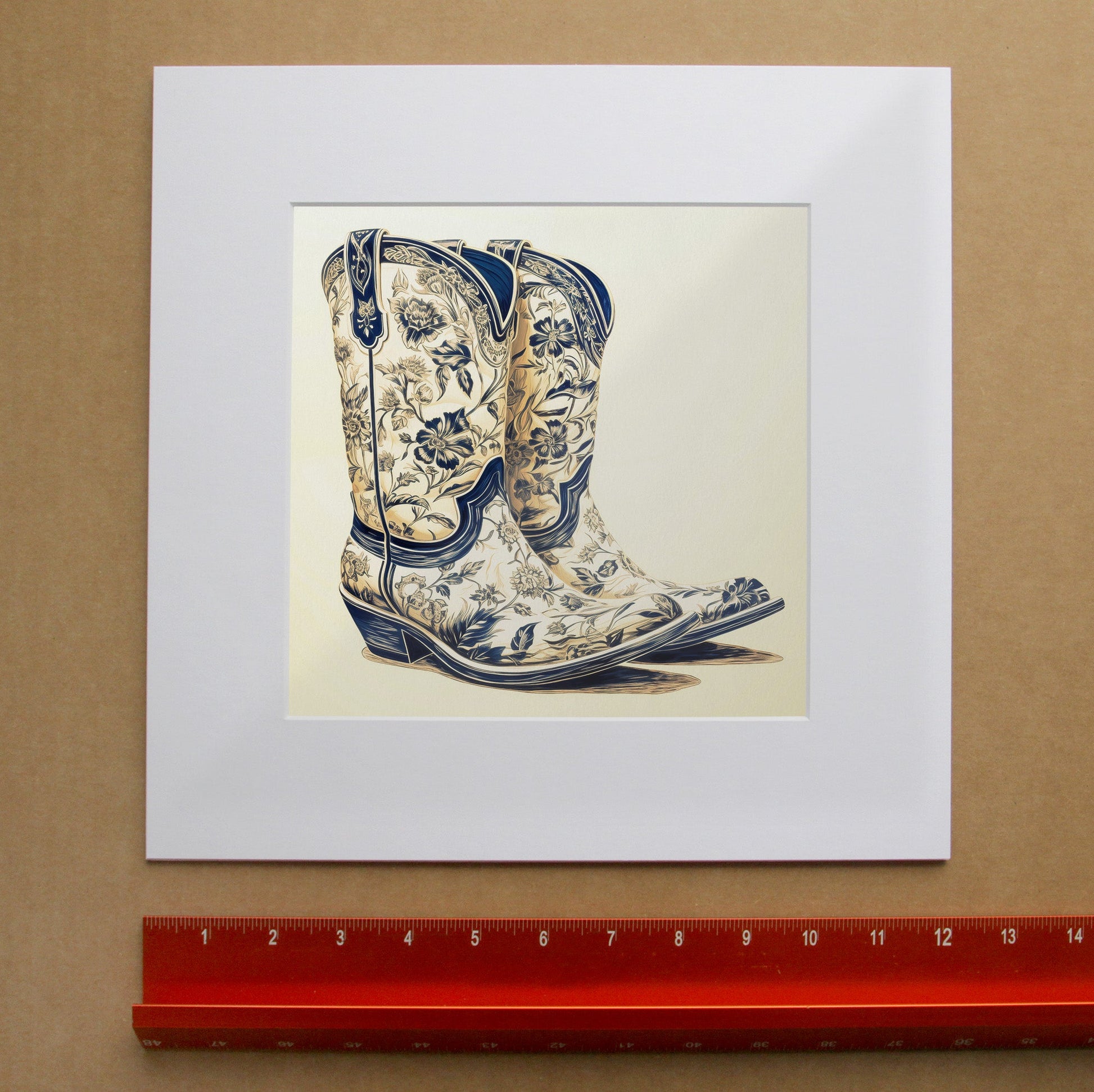 Chinoiserie Floral Cowboy Boots Art Print | Crum Art in matted square frame mockup