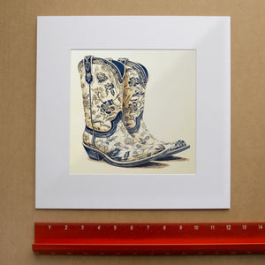 Chinoiserie Floral Cowboy Boots Art Print | Crum Art in matted square frame mockup