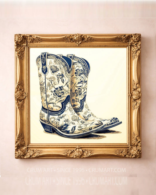 Chinoiserie floral cowboy boots art print in a square gold frame — Crum Art
