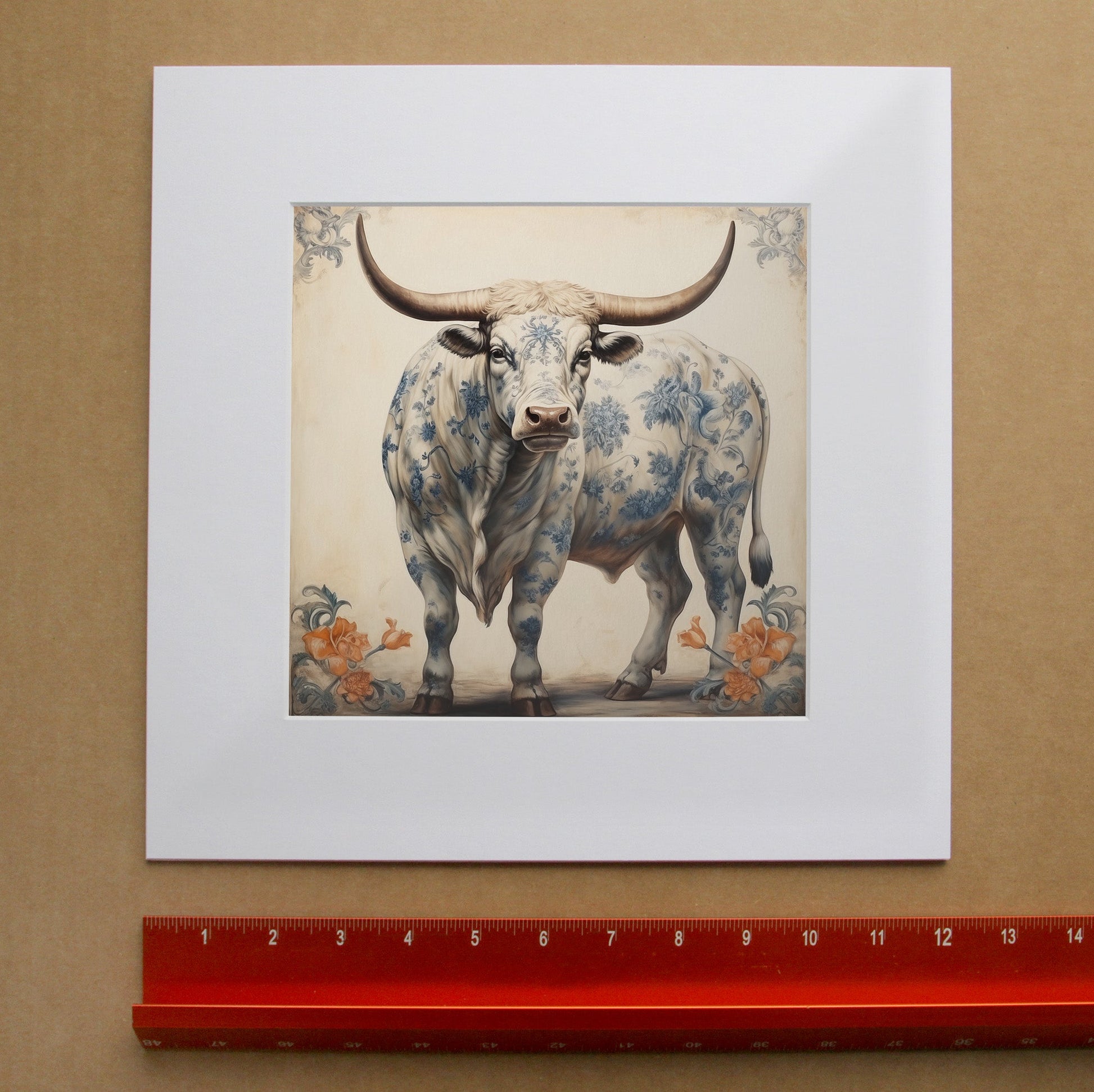 Chinoiserie Blue & White Longhorn Bull Art Print | Crum Art in matted square frame mockup