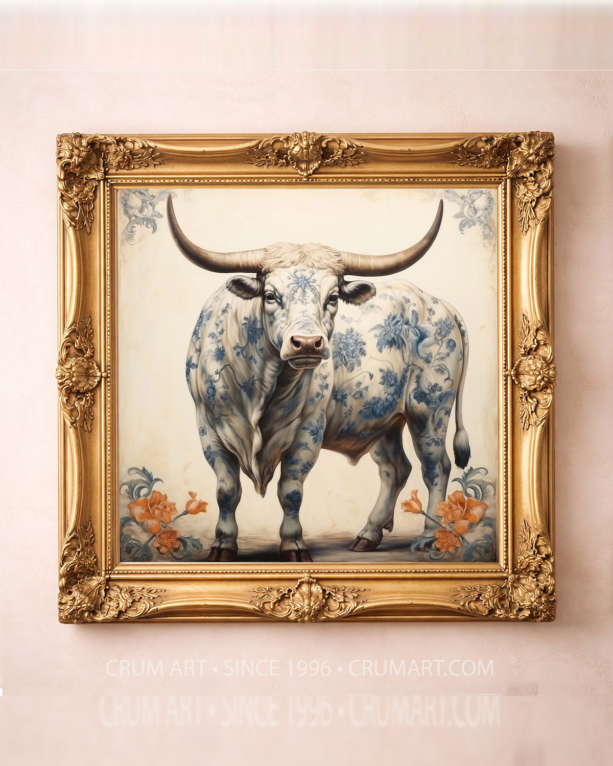 Chinoiserie blue and white longhorn bull art print in a square gold frame, western wall art by Crum Art