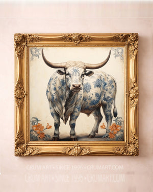 Chinoiserie blue and white longhorn bull art print in a square gold frame, western wall art by Crum Art