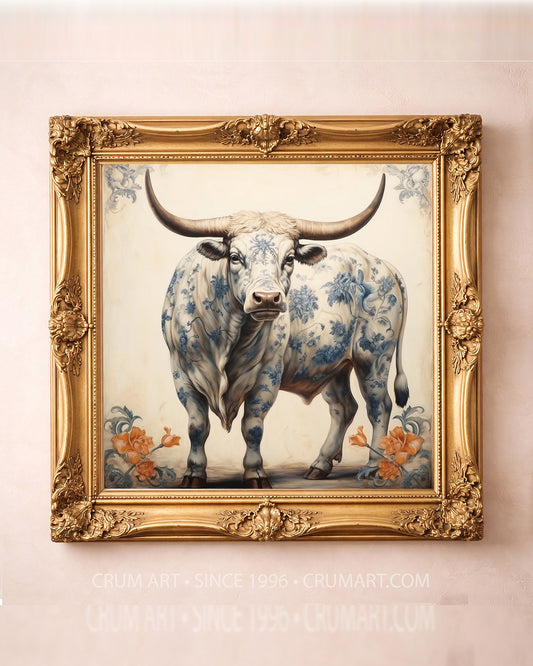 Chinoiserie blue and white longhorn bull art print in a square gold frame, western wall art by Crum Art