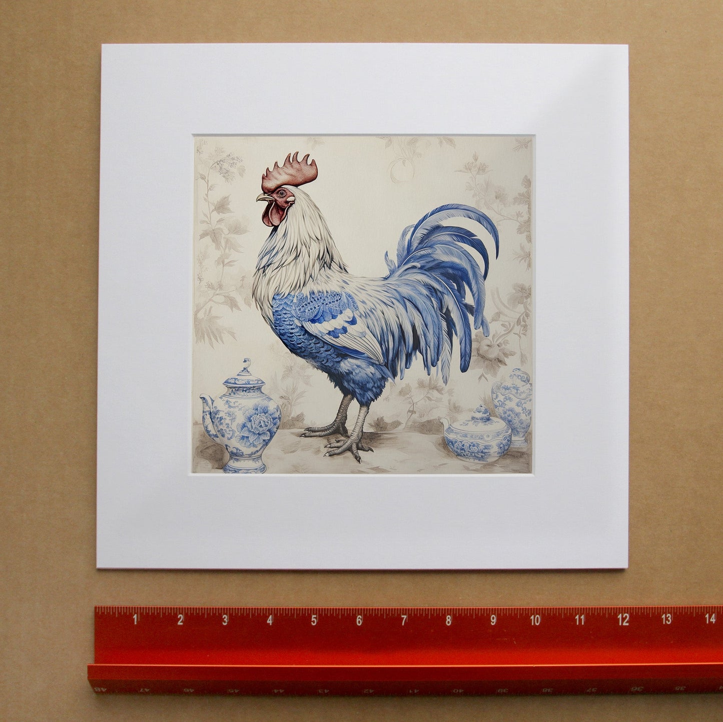 Chinoiserie Blue & White Chicken Art Print | Crum Art in matted square frame mockup