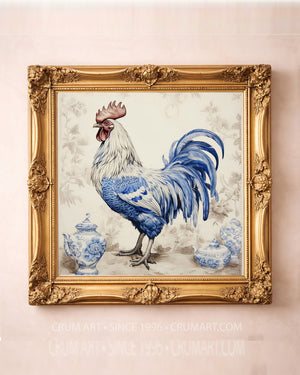 Chinoiserie blue and white chicken art print in a square gold frame by Crum Art