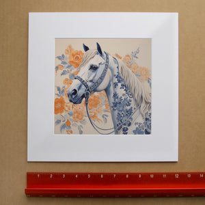 Chinoiserie Blue & White Horse Portrait Art Print | Crum Art in matted square frame mockup