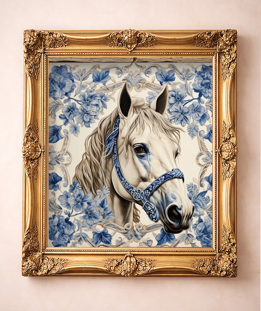 Blue & White Horse Portrait — art print by Crum Art in a gold frame