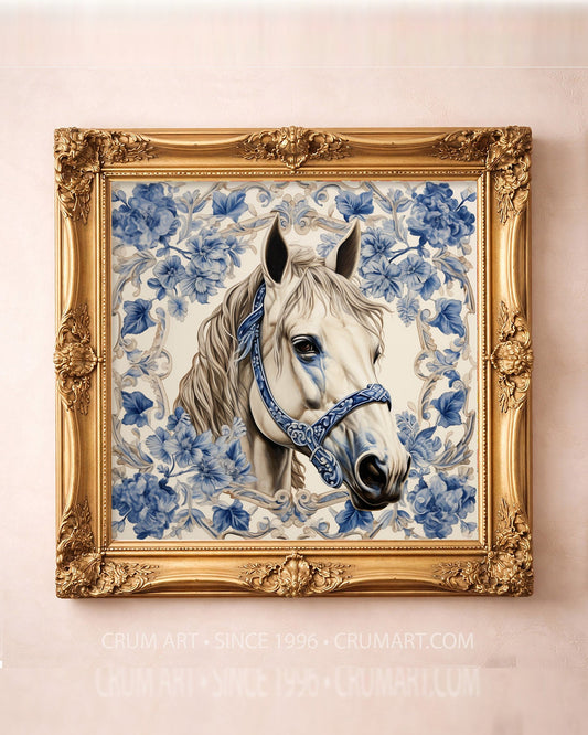 Blue & White Horse Portrait — square art print by Crum Art in a square gold frame