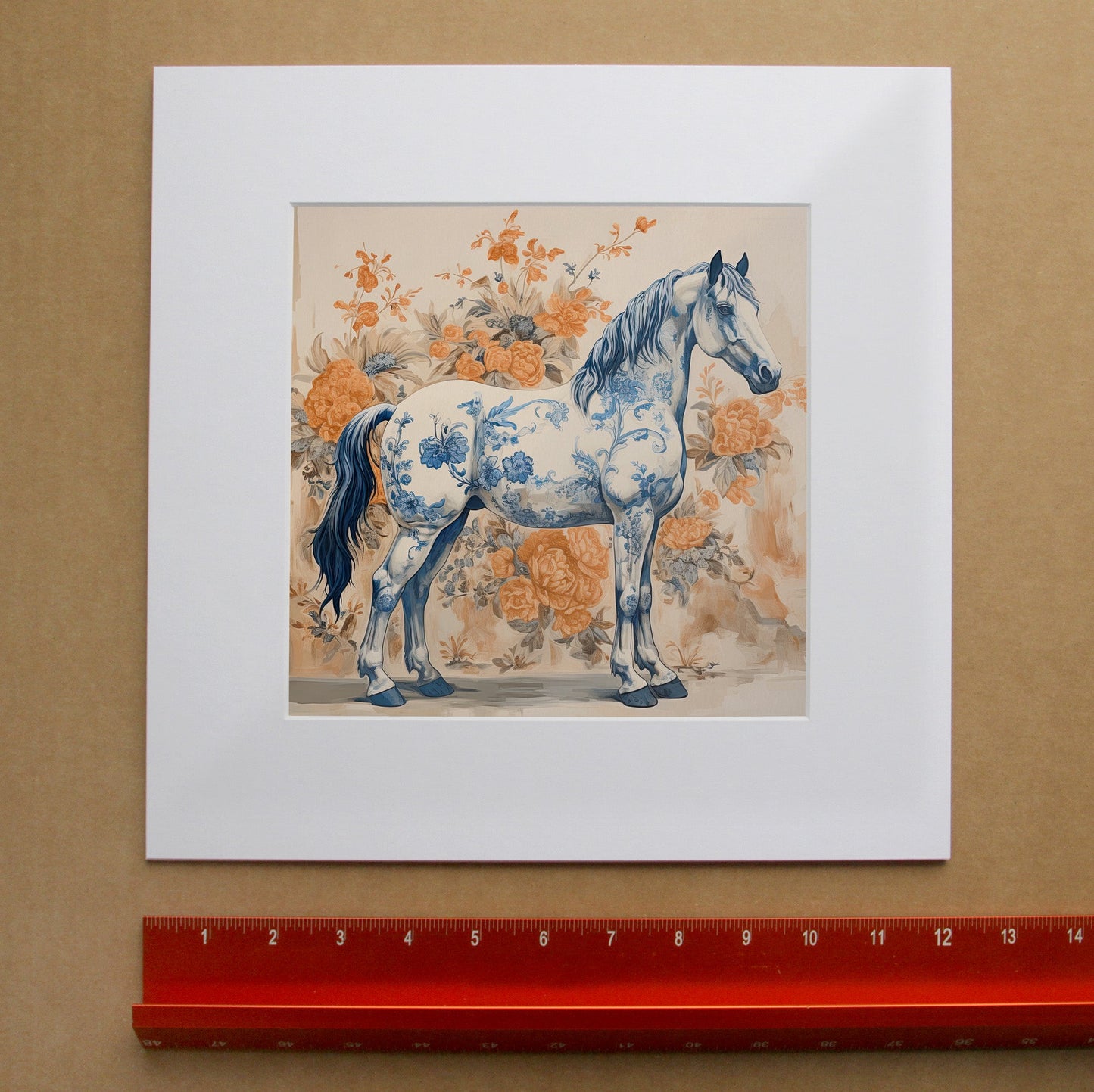 Chinoiserie Blue & White Full Horse Art Print | Crum Art in matted square frame mockup