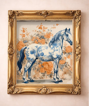 Blue & White Full Body Horse — art print by Crum Art in a gold frame