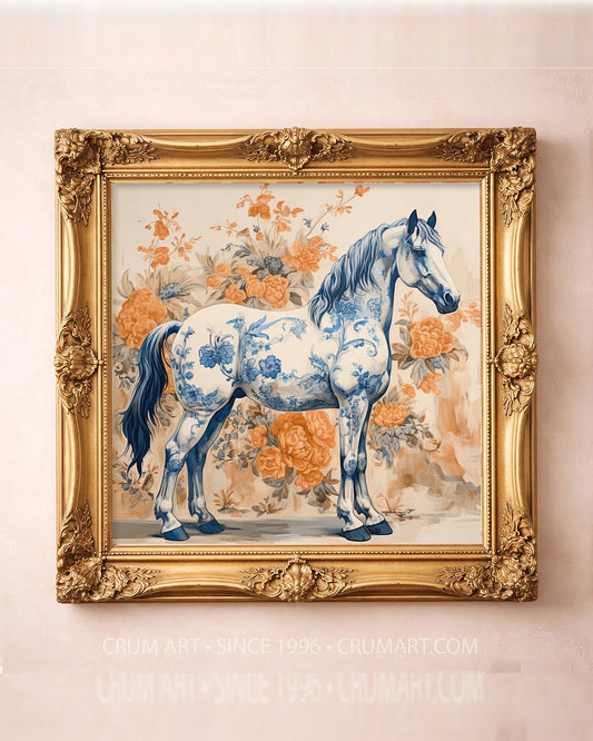 Blue & White Full Body Horse — square art print by Crum Art in a square gold frame