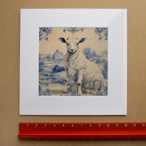 Chinoiserie Blue & White Lamb Art Print | Crum Art in matted square frame mockup