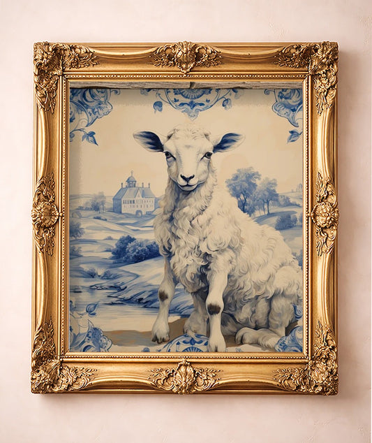 Blue & White Lamb — art print by Crum Art in a gold frame